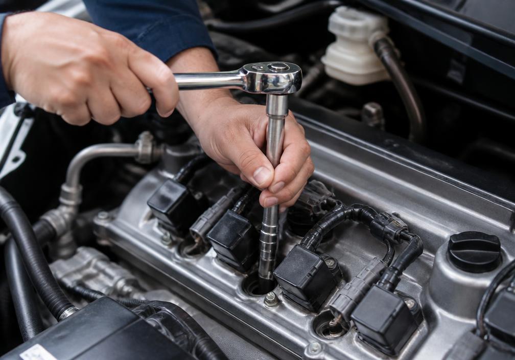 Mecánico cambiando bujías en el motor de un auto