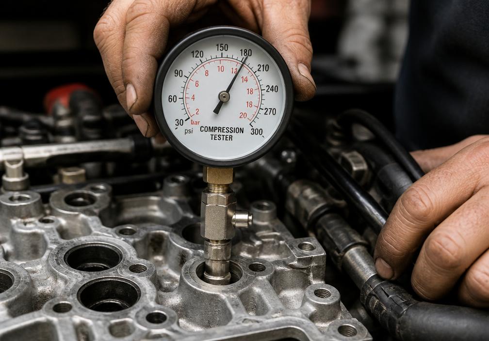 Manómetro de compresión instalado en la culata de un motor