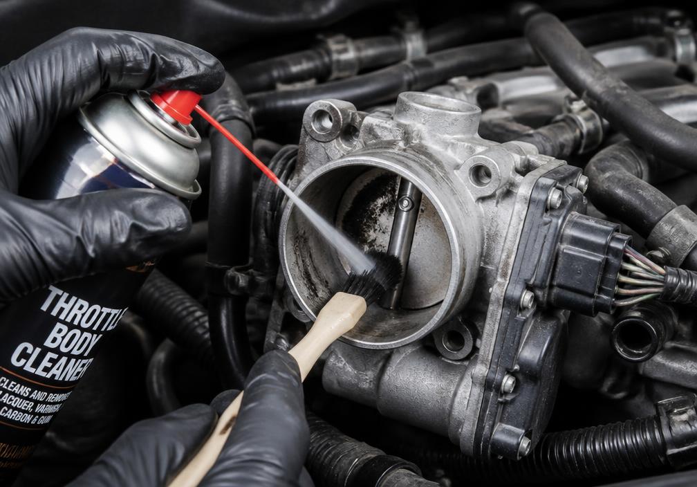 Limpieza de cuerpo de aceleración con spray y pincel en el motor