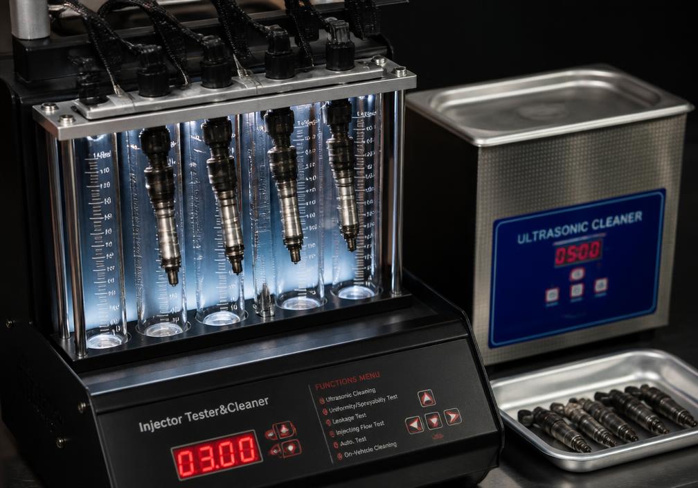 Inyectores de combustible en máquina de prueba y limpieza ultrasónica