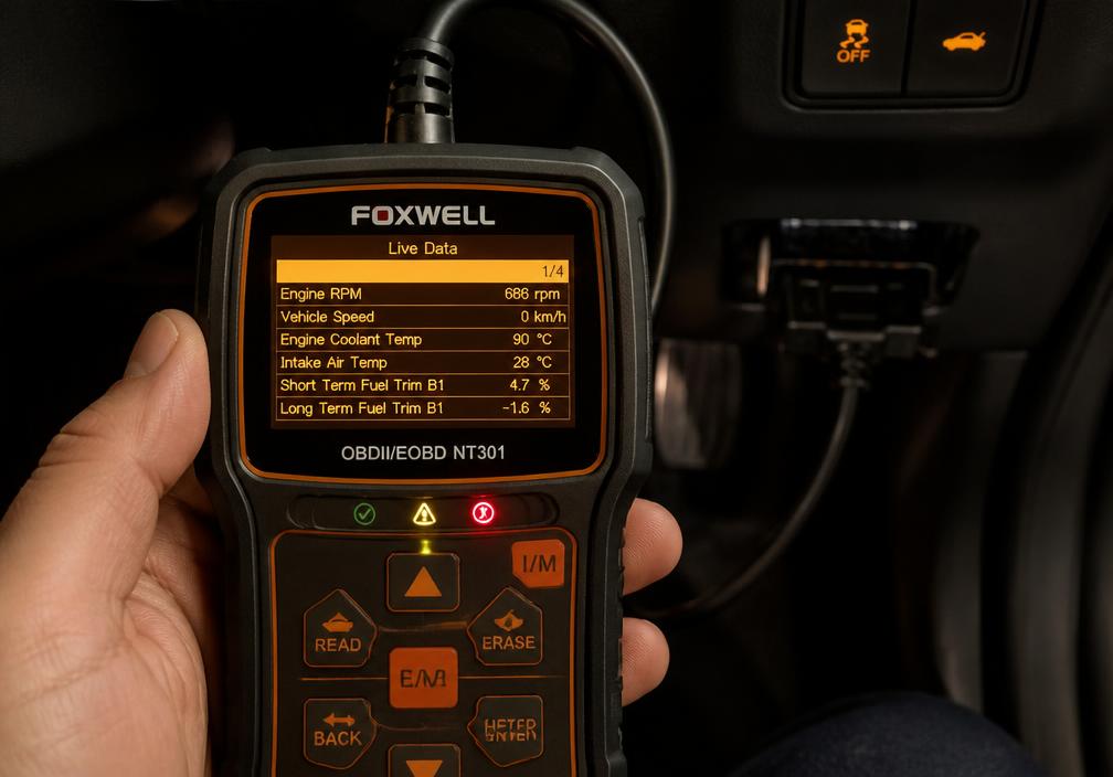 Scanner automotriz multimarca conectado al puerto OBD2 de un vehículo